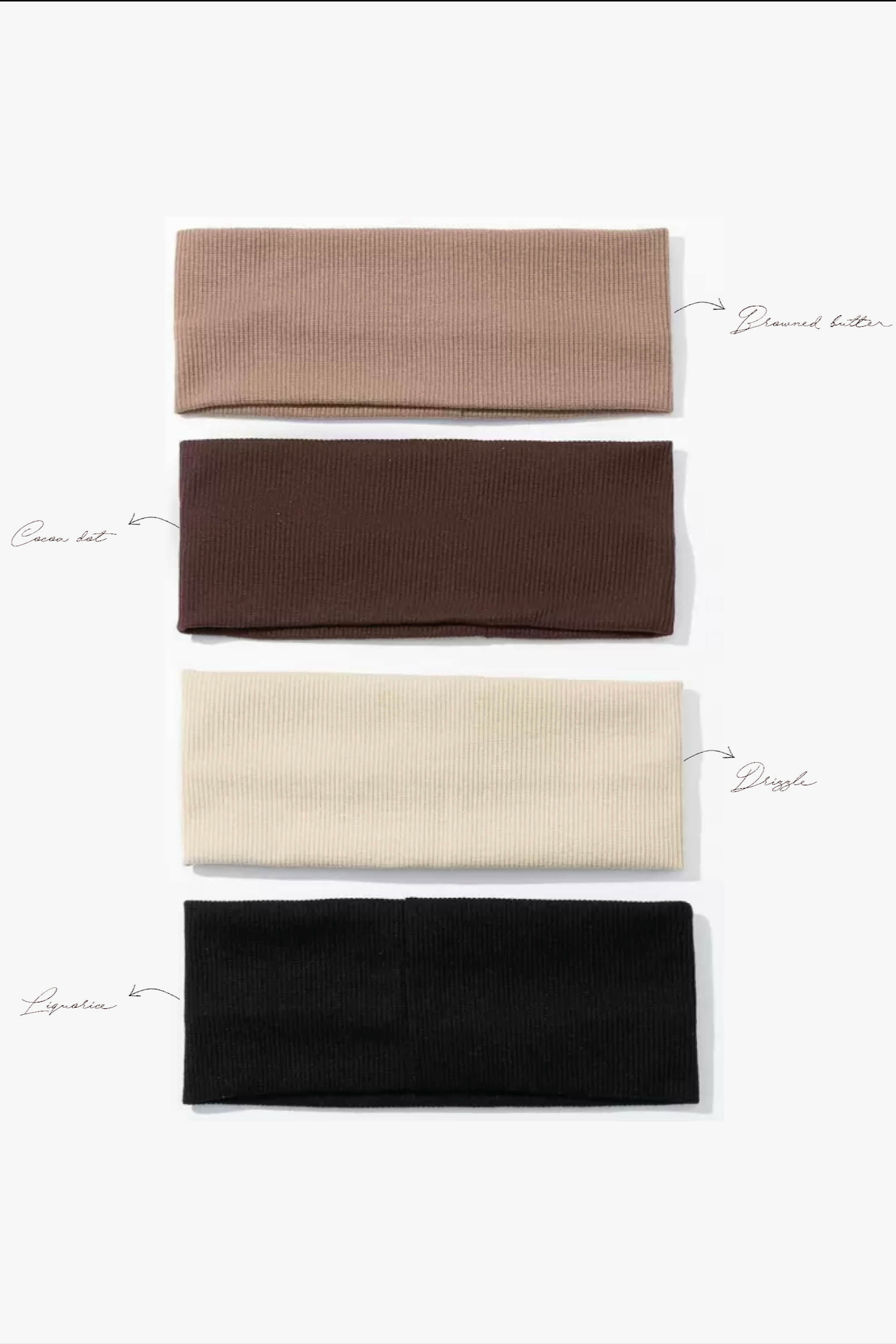 Four headbands in different colors arranged vertically on a white background.